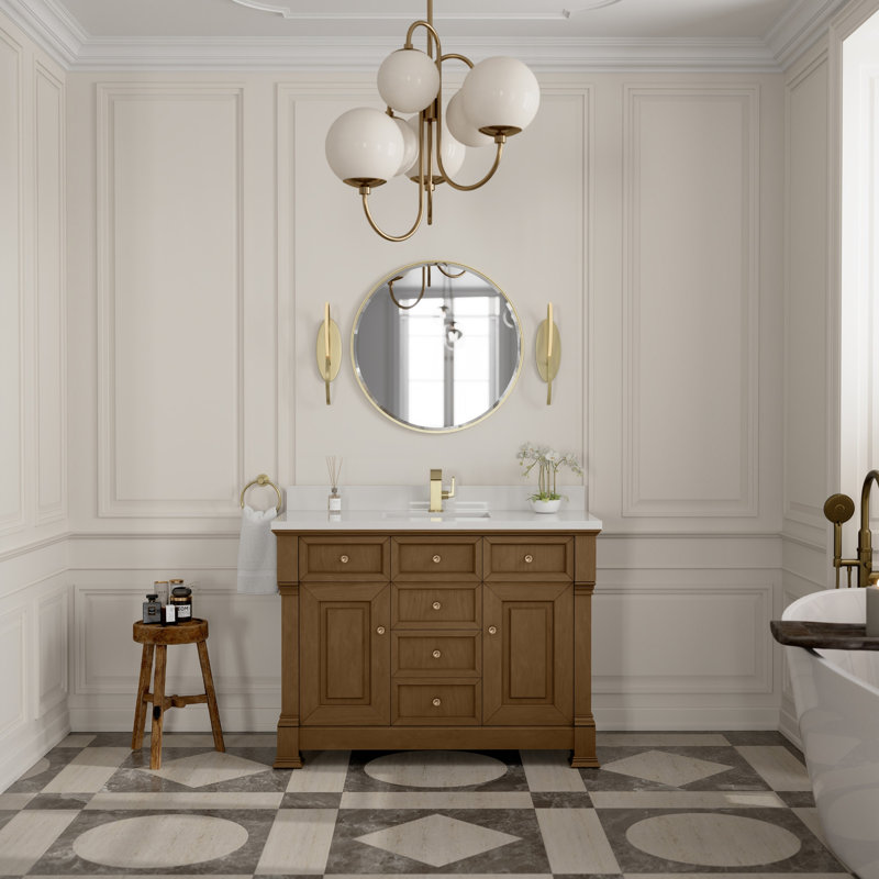 Brookfield 48'' W Single Vanity, Single Hole, White Zeus, Honey Oak