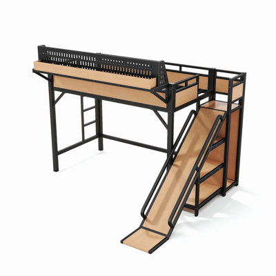 Twin XL Metal Loft Bed with Slide, Storage Shelves, Built-in Wardrobe, USB Ports, LED Lights & Pegboard, Sturdy Safe Bed Frame, Natural