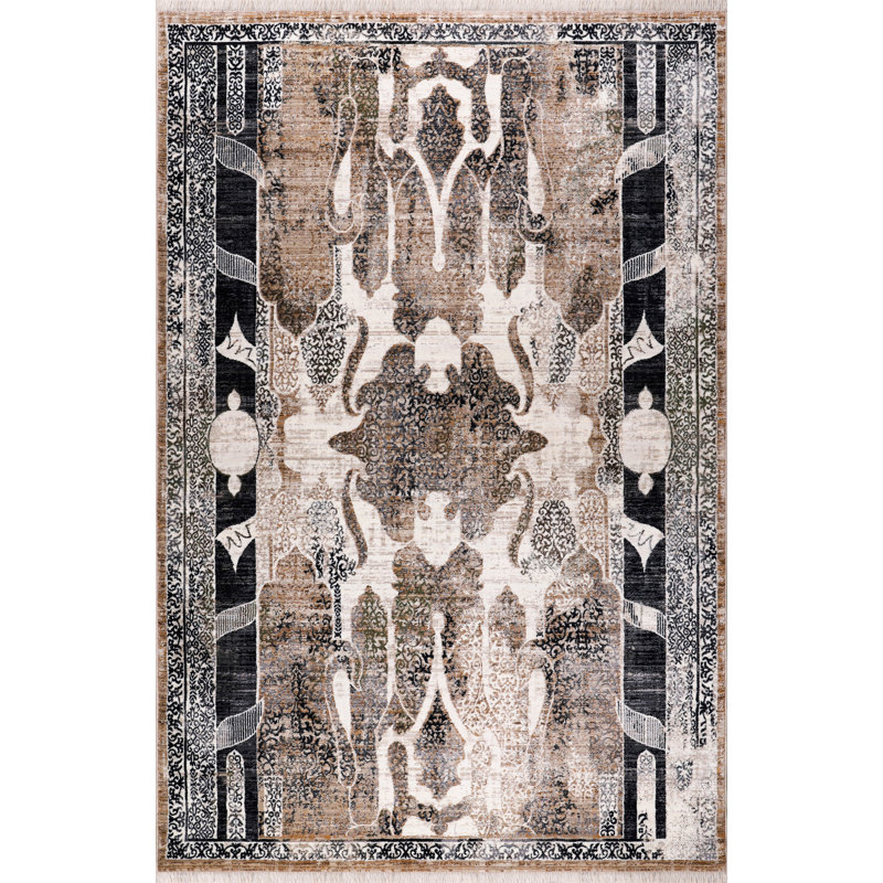 Tapis à volutes ivoire, noir, gris et brun clair Moab Collection, Rectangle 5 pi x 7 pi 7 po