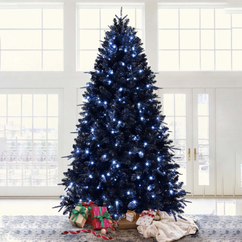 Arbre de Noël avec 500 lumières à DEL blanches, arbre artificiel en PE + PVC 2156 pointes pour décoration d'Halloween et des Fêtes, structure à charnières avec support en métal stable