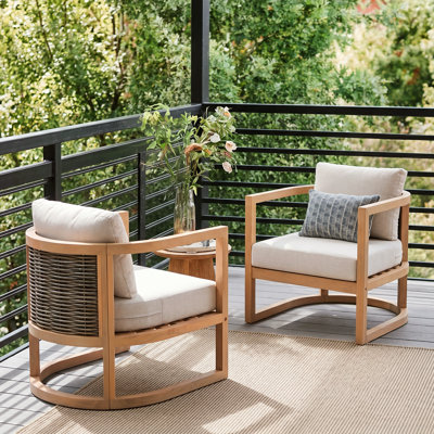 Kaida Modern Coastal Acacia Wood Outdoor Club Chair with Wicker Backrest, Deep Seat and Cushions