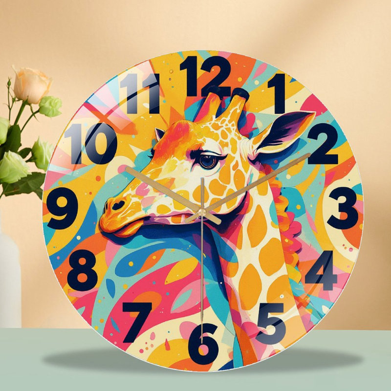 Giraffe Wall Clock Colourful Artistic Design Home Decor Art - 12'' Modern Glass Wall Clock