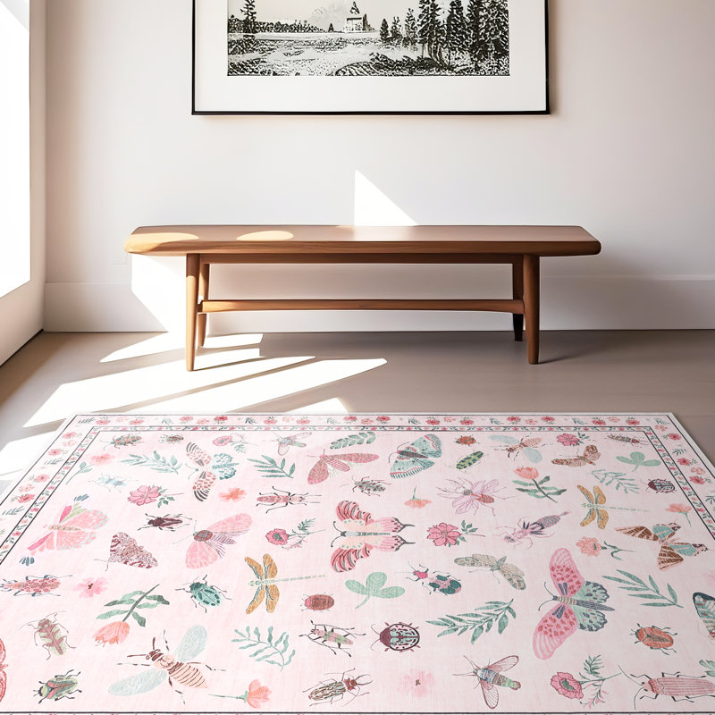 Insect Floral Area Rugs Modern Accent Carpet with Non-Slip Backing, Stain-Resistant Low Pile Floor Cover, Machine Washable Ultra-Soft Indoor Mat for Living Room, Bedroom, Kitchen