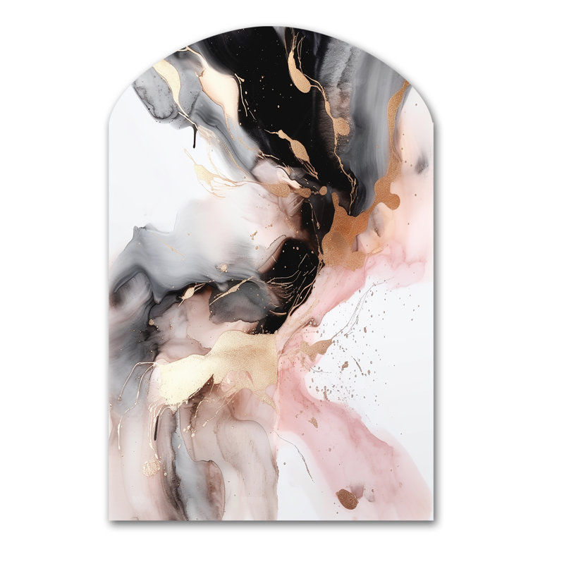 Pink Black Textured Splash Marble I - Arch Abstract Marble Metal Wall Decor, Asymmetrical Metal Wall Sculpture Print