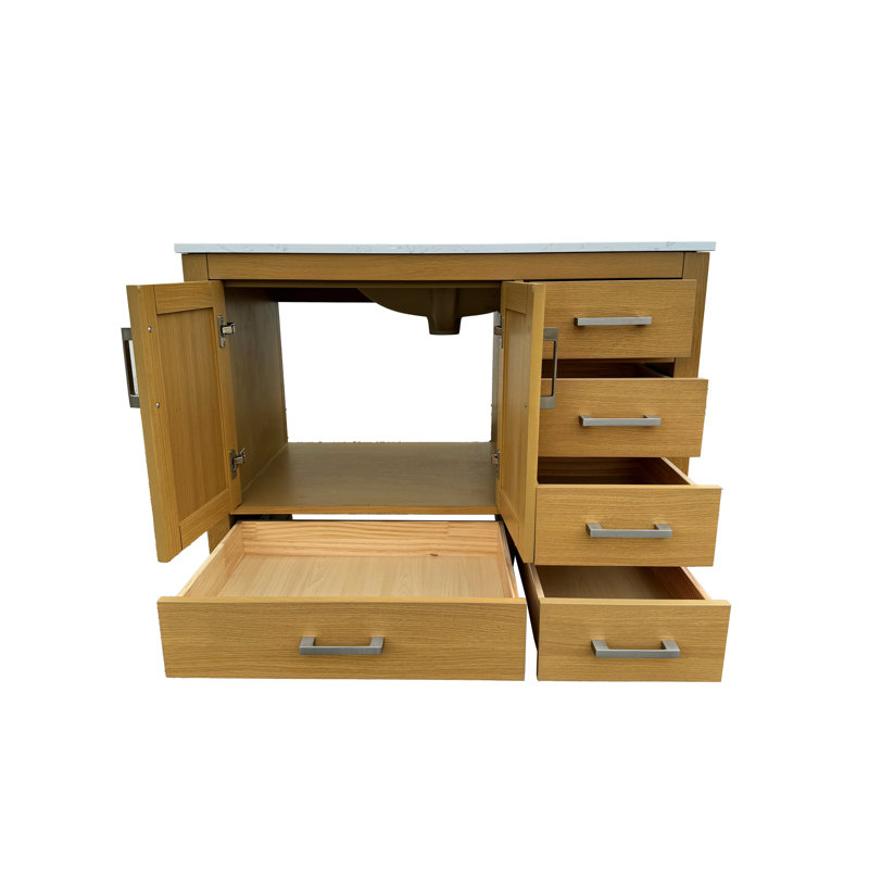 Meuble-lavabo en chêne avec lavabo et trou de robinet 42 po, 2 armoires de rangement à 5 portes, comptoirs, céramique, silencieux, fabrication en contreplaqué de bois massif, 2 portes, 5 tiroirs, lavabo en céramique, tiroirs, peint à l'eau