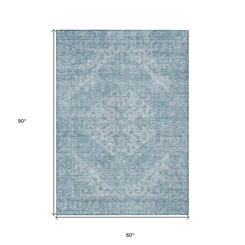 Tapis intérieur lavable oriental bleu ciel et ivoire 5 pi x 8 pi