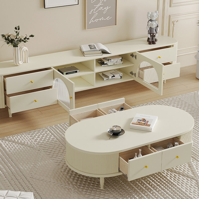 Table basse en bois de style français, H 16,53 po x L 51,18 po x l 27,56 po, Crème, crème