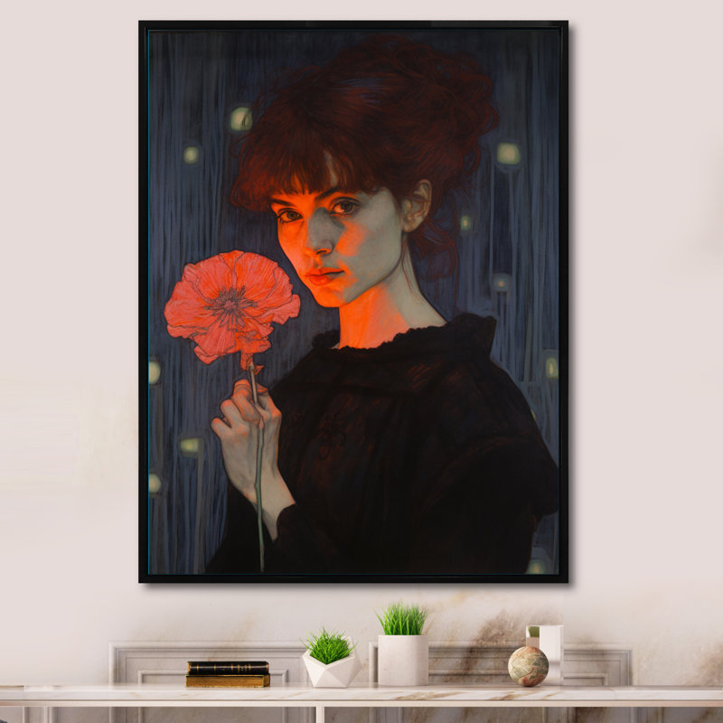 Portrait romantique d'une jeune femme tenant une fleur rose sur toile, H 40 po x l 30 po x P 1,5 po, Cadre flottant noir