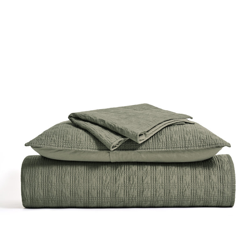 Modern Windowpane Cotton Sateen Quilt Set,Pre-Washed 100% Cotton Coverlet Bedspread, 3-Piece Soft Lightweight Bedding Set With 2 Shams For All Seasons