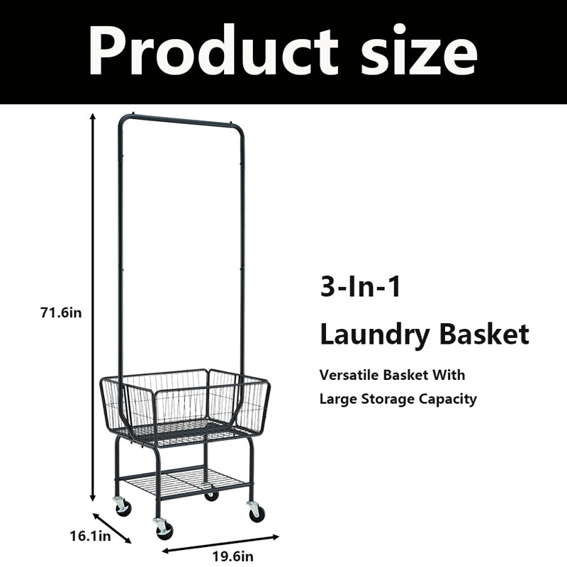 Chariot à linge avec support suspendu, panier à linge en métal avec roues, panier à linge avec panier de rangement, chariot à linge roulant avec roues, argent