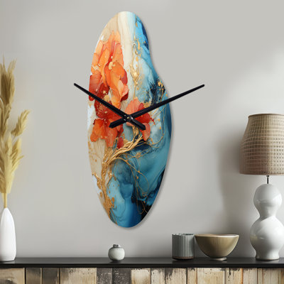 Horloge murale orange incurvée abstraite - fractale en métal, horloge murale moderne asymétrique