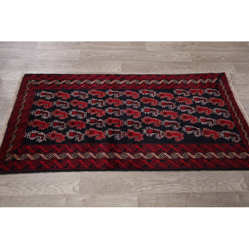 Tapis rouge Balouch en laine nouée à la main de conception unique 2 pi 9 po x 5 pi 7 po Stcyr