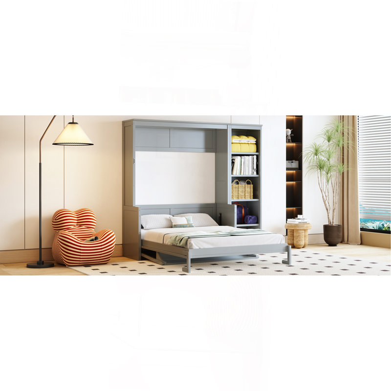 Lit escamotable double avec bureau et bibliothèque, gris, Gris, Lit double