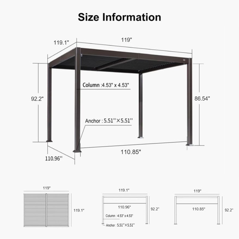PURPLE LEAF 10' x 10' Adjustable Louvre Shade Aluminum Brown Pergola for Deck Backyard Garden Hardtop Gazebo