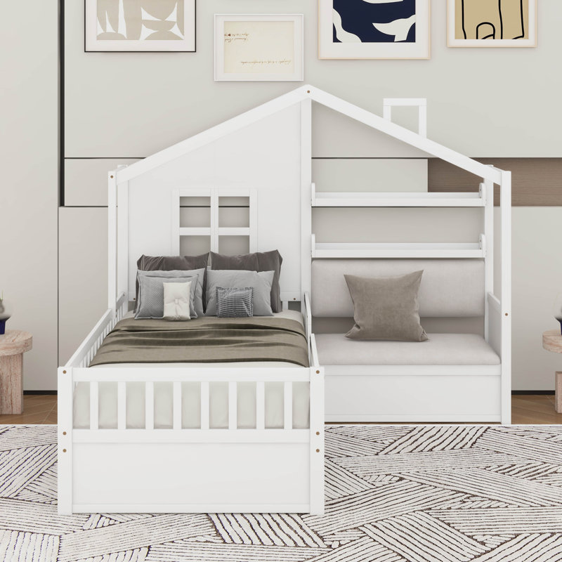 Lit simple avec canapé, lit plateforme pour enfants avec 2 tiroirs et tablette, Blanc