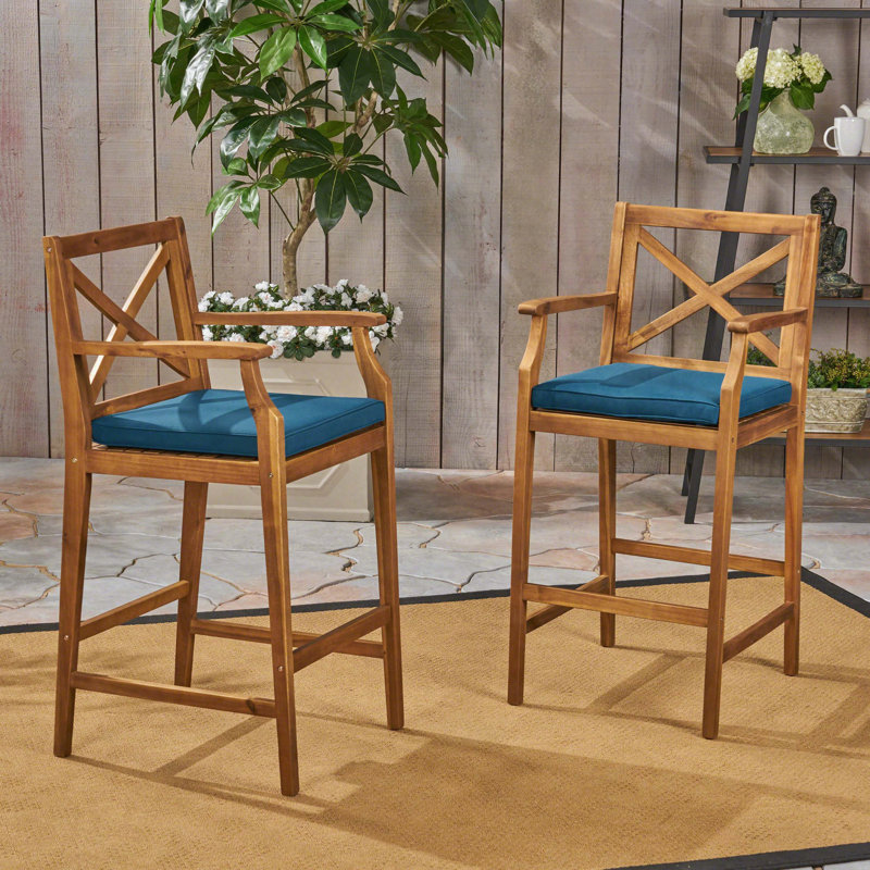 2-Pack Outdoor Acacia Wood Barstools with Cross-Back Design, Water-Resistant Cushions, 400 lbs Capacity, Blue, Natural