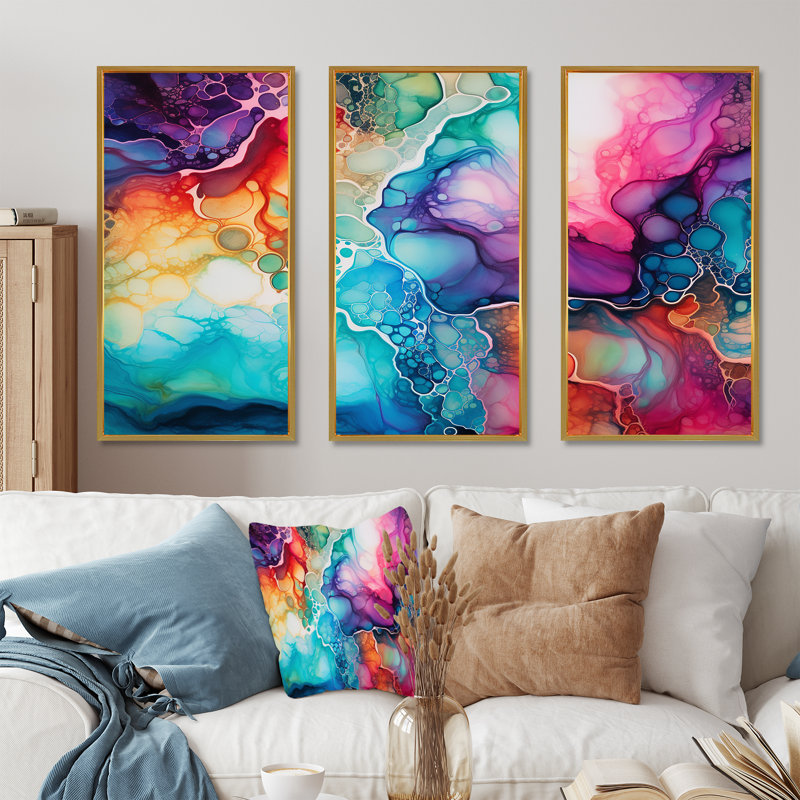 Ensemble d'art mural arc-en-ciel bleu sarcelle et mauve, Cadre flottant doré, H 28 po x l 36 po x P 1 po