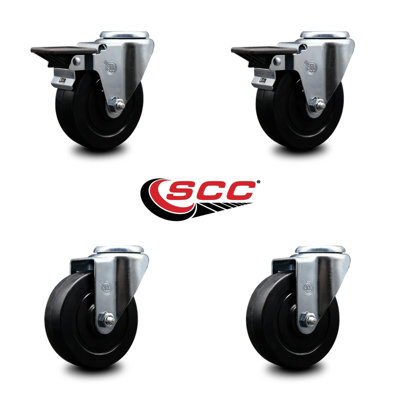 4 Piece Soft Rubber Wheel Swivel Bolt Hole Caster Set with 2 Posi Lock Brakes