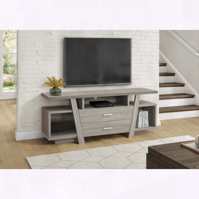 Meuble télé taupe foncé avec deux tiroirs de rangement et tablettes ouvertes