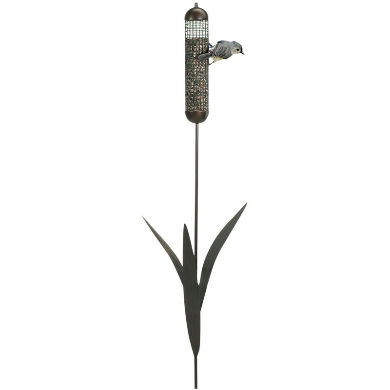 36-Inch Tall Dark Brown Metal Cattail Stake Bird Feeder