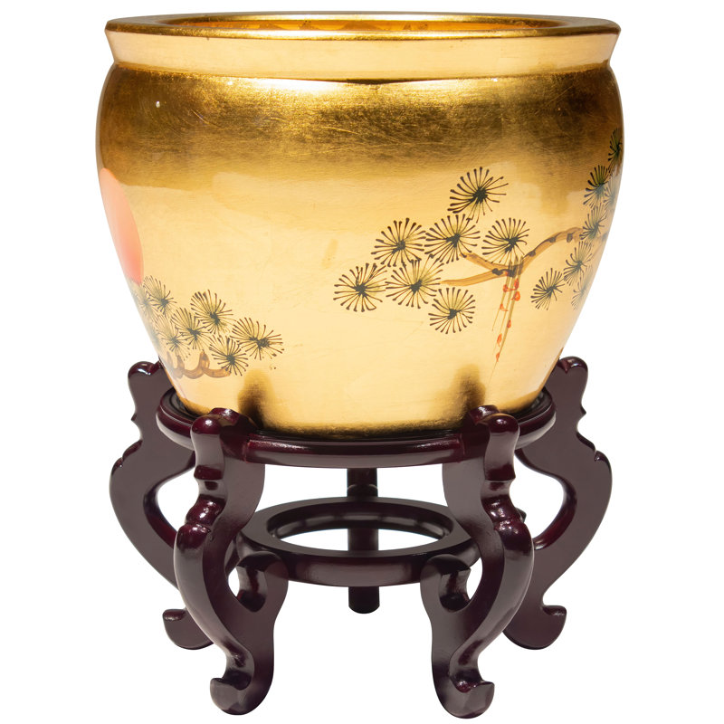 16" Gold Lacquer Fishbowl - Cranes, 9" H x 12" W x 12" D