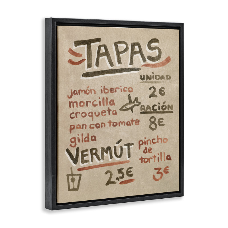  Art mural espagnol sur toile flottante, "Espagnole Tapas" par June Erica Vess, Cadre flottant noir de jais