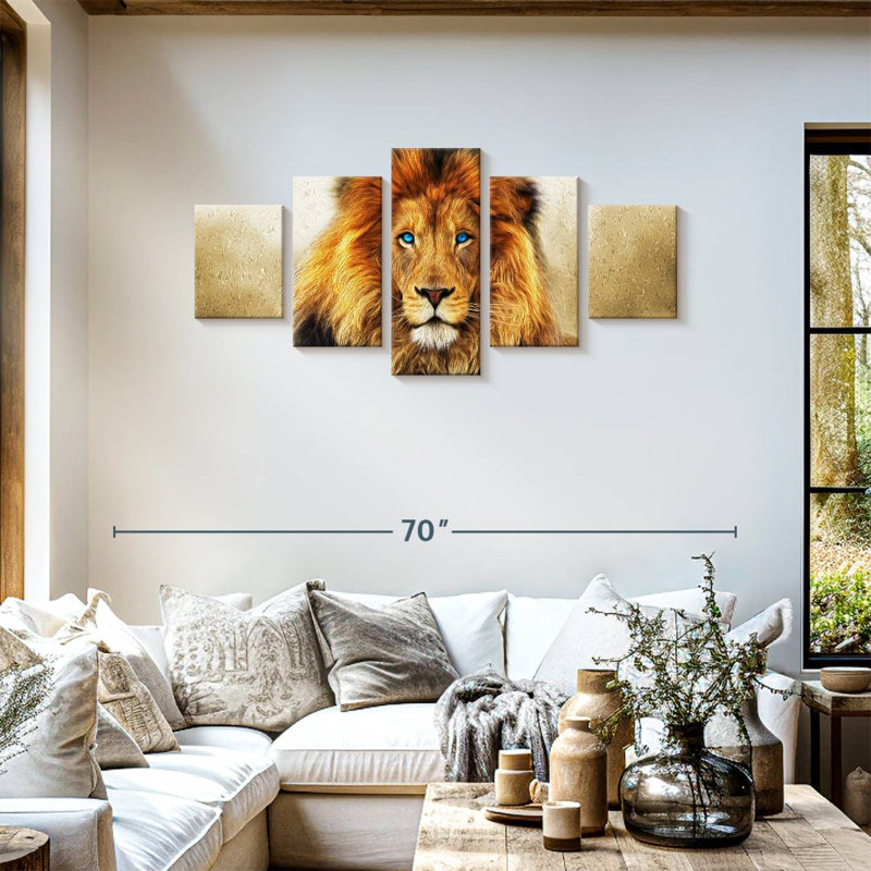 Lion aux yeux bleus 5 pièces, H 24 po x l 55 po x P 1,25 po
