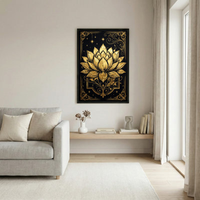 Toile noire encadrée en bois noir pour salon, chambre à coucher, bureau ou vestibule - décoration murale décorative avec lotus doré