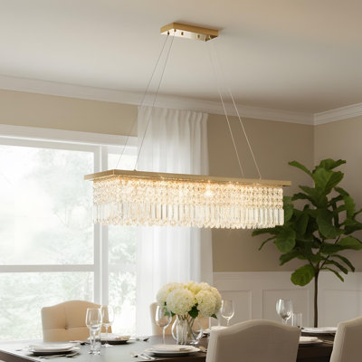 Modern Crystal Chandelier for Dining Room, 8-Light Gold Rectangular Raindrop Chandelier, Kitchen Island Bar Counter Modern Rectangular Chandelier L39.4'‘ x W9.8’' x H8.7'' (Bulbs Not Included)