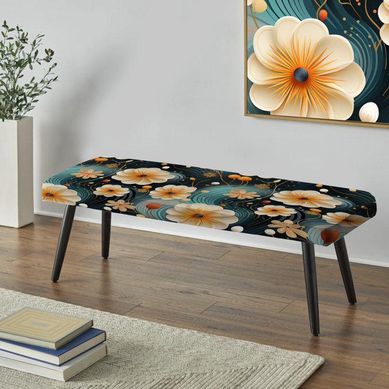 Motif botanique beige et bleu Dreamy - banc rembourré floral noir