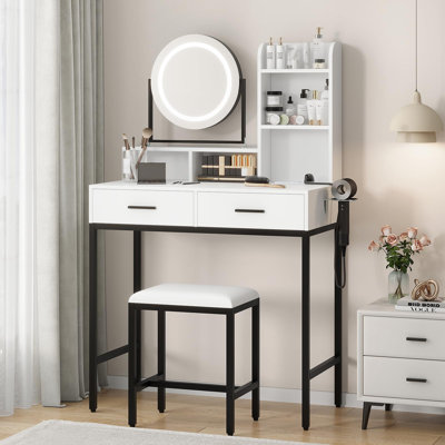 Vanity Desk with Rotating Mirror and Storage Shelves, Makeup Vanity Desk with Lights 3 Colors, Wood Vanity with 2 Drawers, Stool, Power Outlet, for Be by Wrought Studio