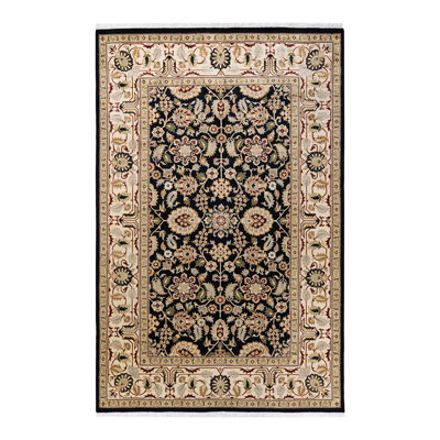 Tapis unique noué à la main Hayner - noir / ivoire / rouge, 6 pi x 9 pi 3 po