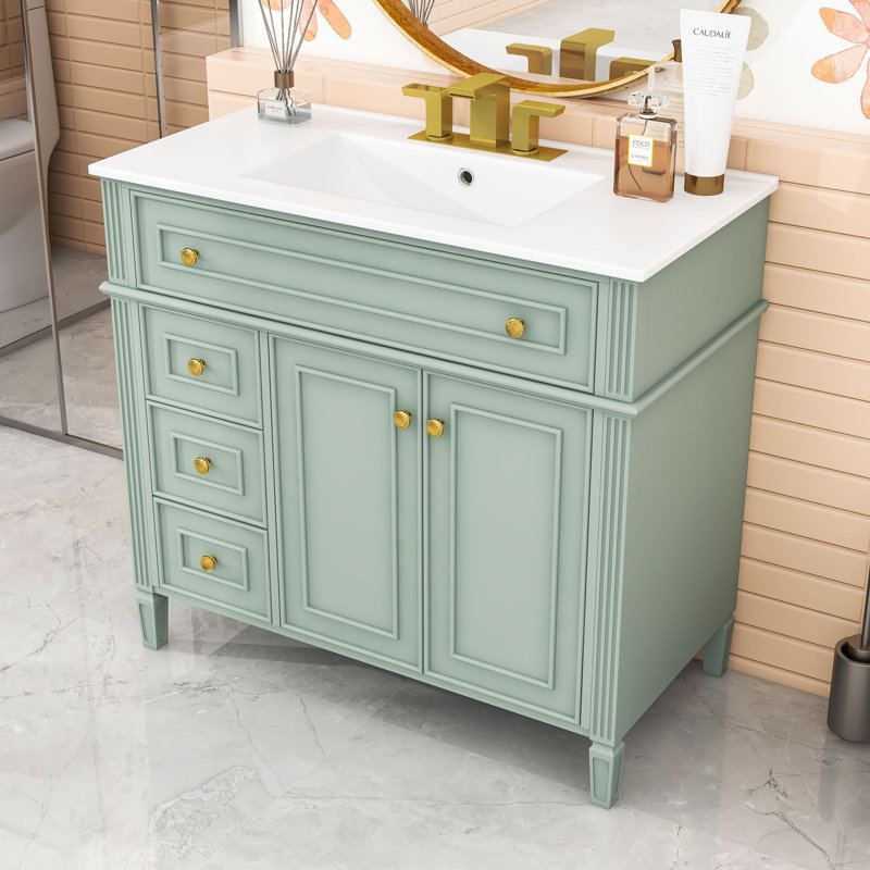 Meuble-lavabo avec lavabo, 3 tiroirs et 2 portes à fermeture en douceur, Vert