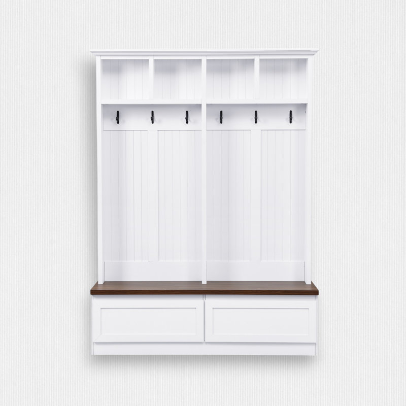 Hall Tree 55.9'' Wide with Bench, White/Walnut