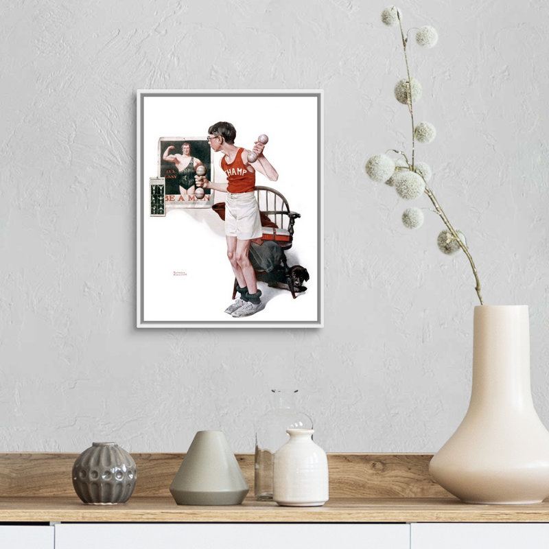 «Norman Rockwell Boy Lifting Weights», art mural sur toile, H 16 po x l 13 po x P 1,75 po, Cadre flottant blanc