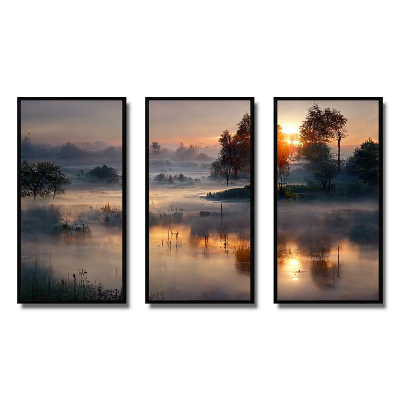 «Morning Fog Over The Lake Sunset III», reproduction d'art sur toile 3 pièces, H 32 po x l 48 po, Cadre flottant noir