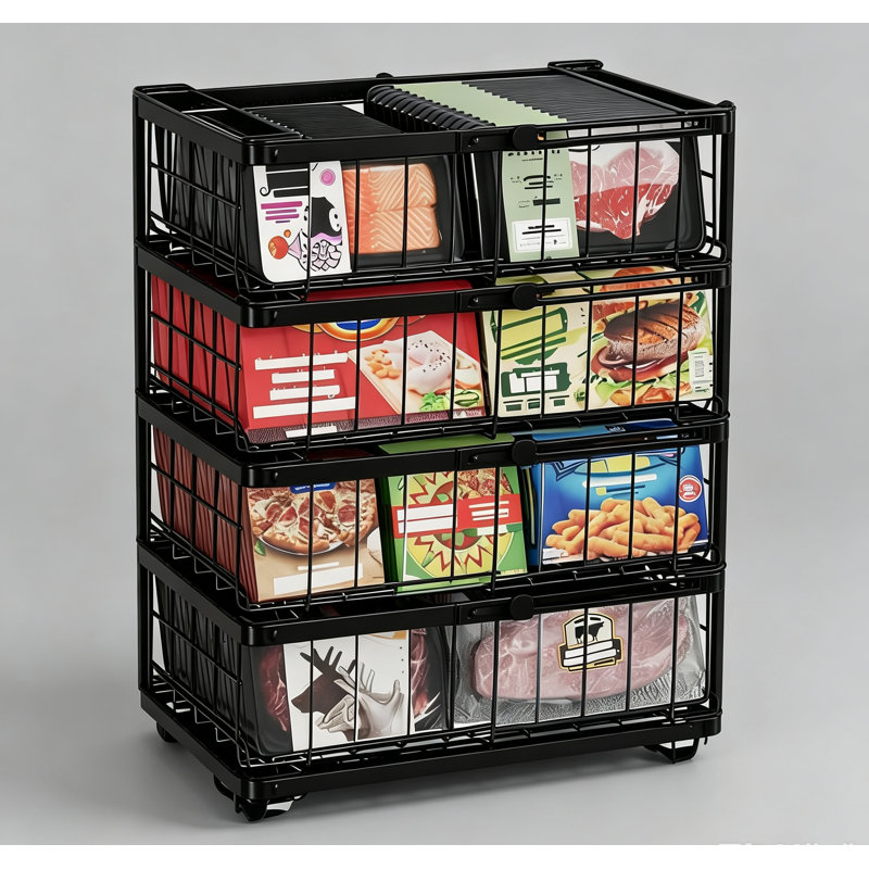 Paquet de 2 ou 4 bacs de rangement pour congélateur - paniers en fil métallique extensible avec poignées pliables, rangement empilable pour la viande, le poisson et les légumes congelés