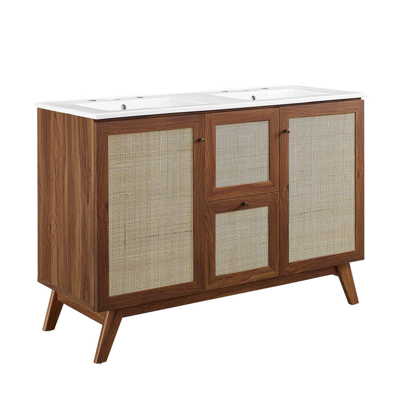 Meuble-lavabo double autoportant 48 po avec plateau en bois manufacturé Modway Soma, Blanc, Noyer