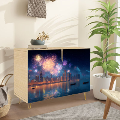 Sideboard Buffet Cabinet with Storage City Skyline Night Vibrant Fireworks Reflective Water with 2 Doors for Living Room and Kitchen
