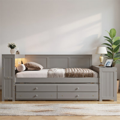 Full Size Daybed With Storage Shelves – Versatile Bed With Drawers, Trundle, Charging Station & LED Light - Ideal For Any Room