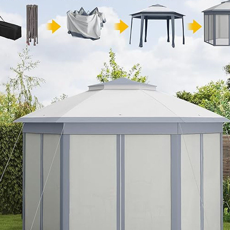 Hexagonal Gazebo Shelter with 6 Zippered Mesh Netting, for Patio Backyard Garden Wedding Party, Grey