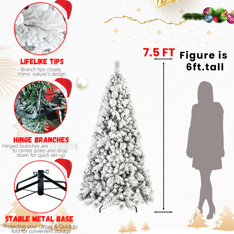Arbre de Noël enneigé 7 pi avec 1060 pointes et aiguilles dures, structure à charnières facile à installer, support en métal massif, idéal pour les présentoirs saisonniers, assemblage sans effort, excellent