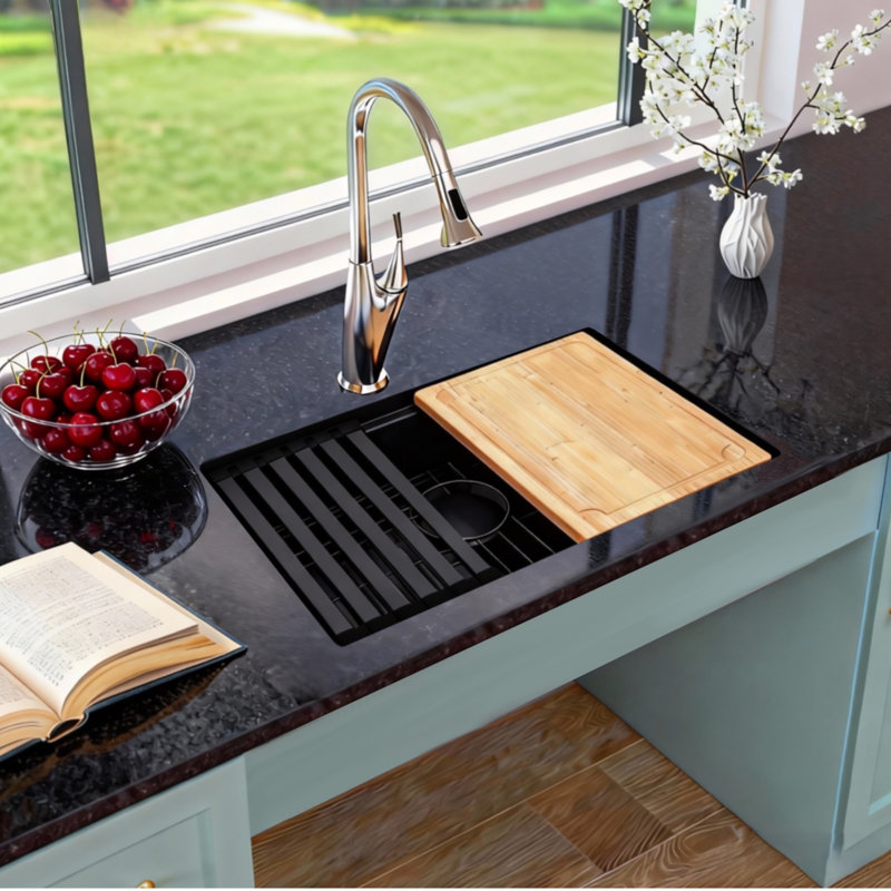 27”X 18" Singel Bowl Undermount  ADA Sink  6 Inch Depth Stainless Steel Workstation Kitchen Sink, Matte Black