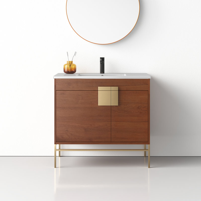 Maisie 36 " W Freestanding Standard Single Vanity Bathroom Vanity With Ceramic Top, Spicy Walnut, Satin Brass