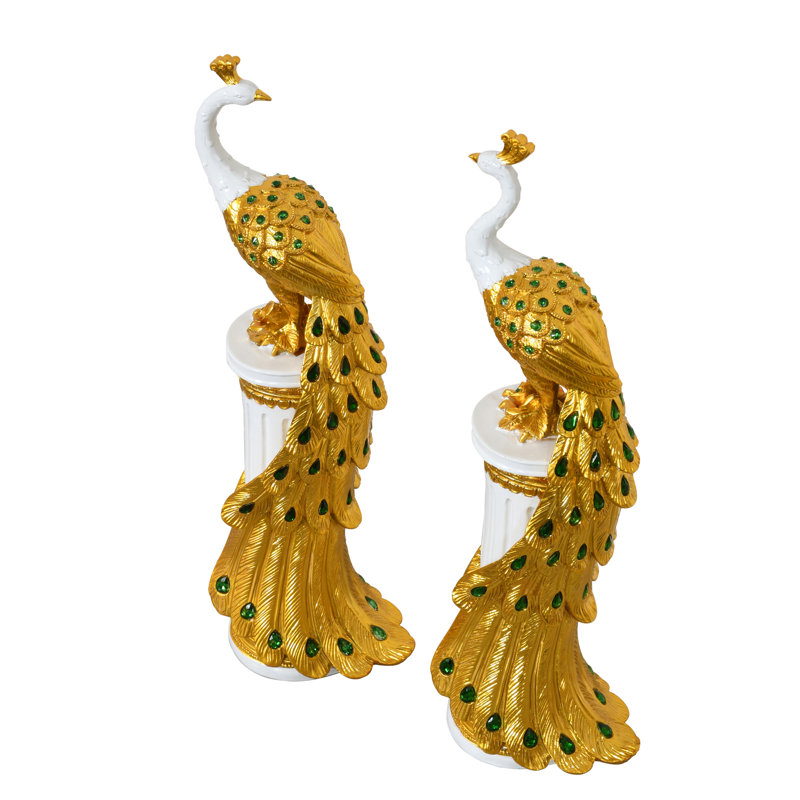 Shamong Golden Emerald Peacocks on Pedestal, 20" H x 5" W x 7" D 