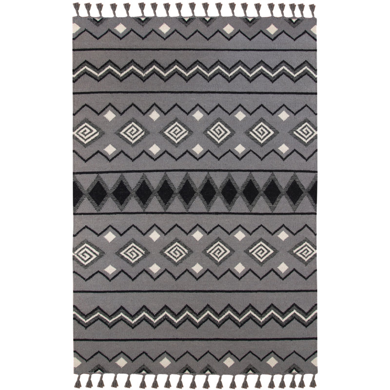 Tapis gris colombe en laine fabriqué à la main Oneil Southwestern Kilim, Rectangle 3 pi x 5 pi