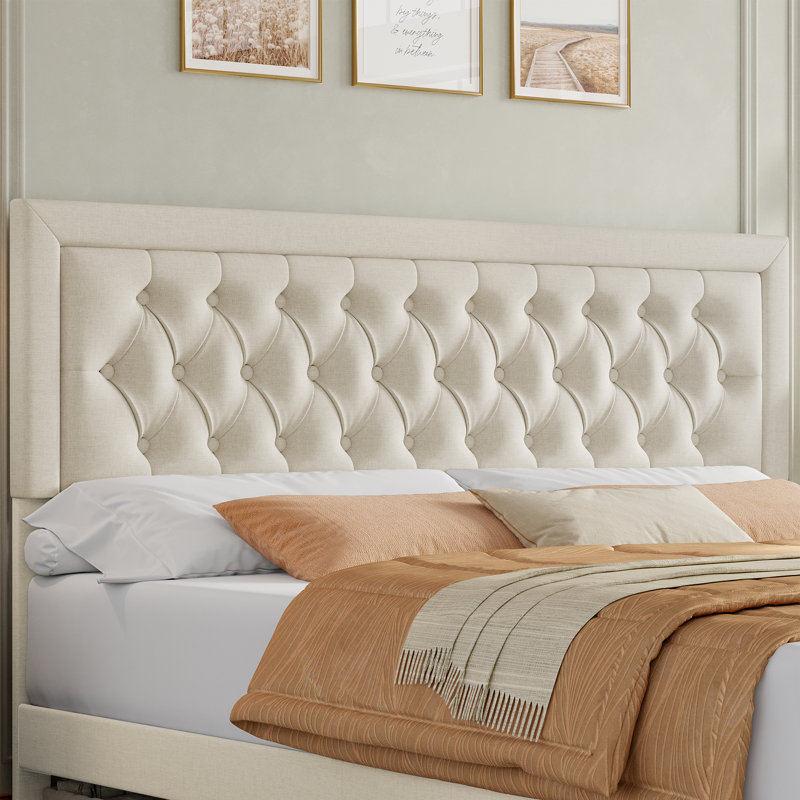 Lit plateforme tapissier Binghamton avec 2 tiroirs de rangement, cadre de lit en bois avec tête de lit réglable, Très grand