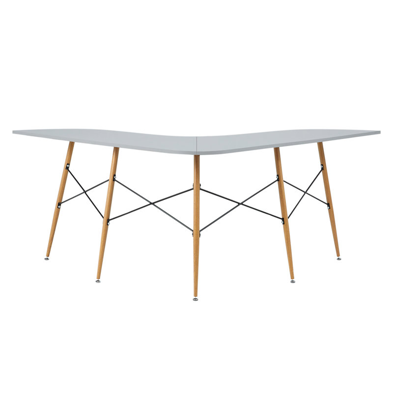 L-Shaped Mid-Century Modern Corner Desk with Light Gray Top, Tapered Wood Legs and Black Metal Supports