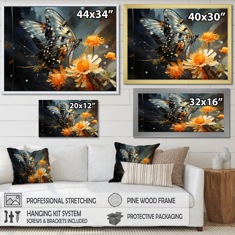 «Yellow Yellow Butterfly Haven», reproduction sur toile encadrée, Cadre flottant doré, H 12 po x l 20 po x P 1 po