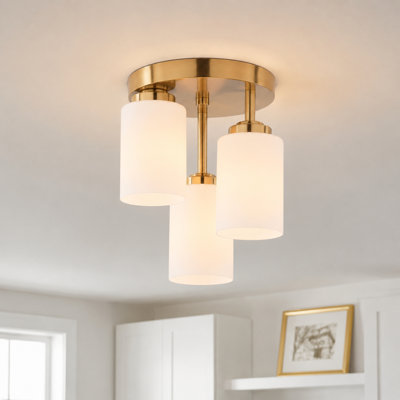 Plafonnier encastré cylindrique or champagne 3 lumières Park Ridge, compatible avec DEL, large 10,5 po, verre blanc givré, plafonnier bas